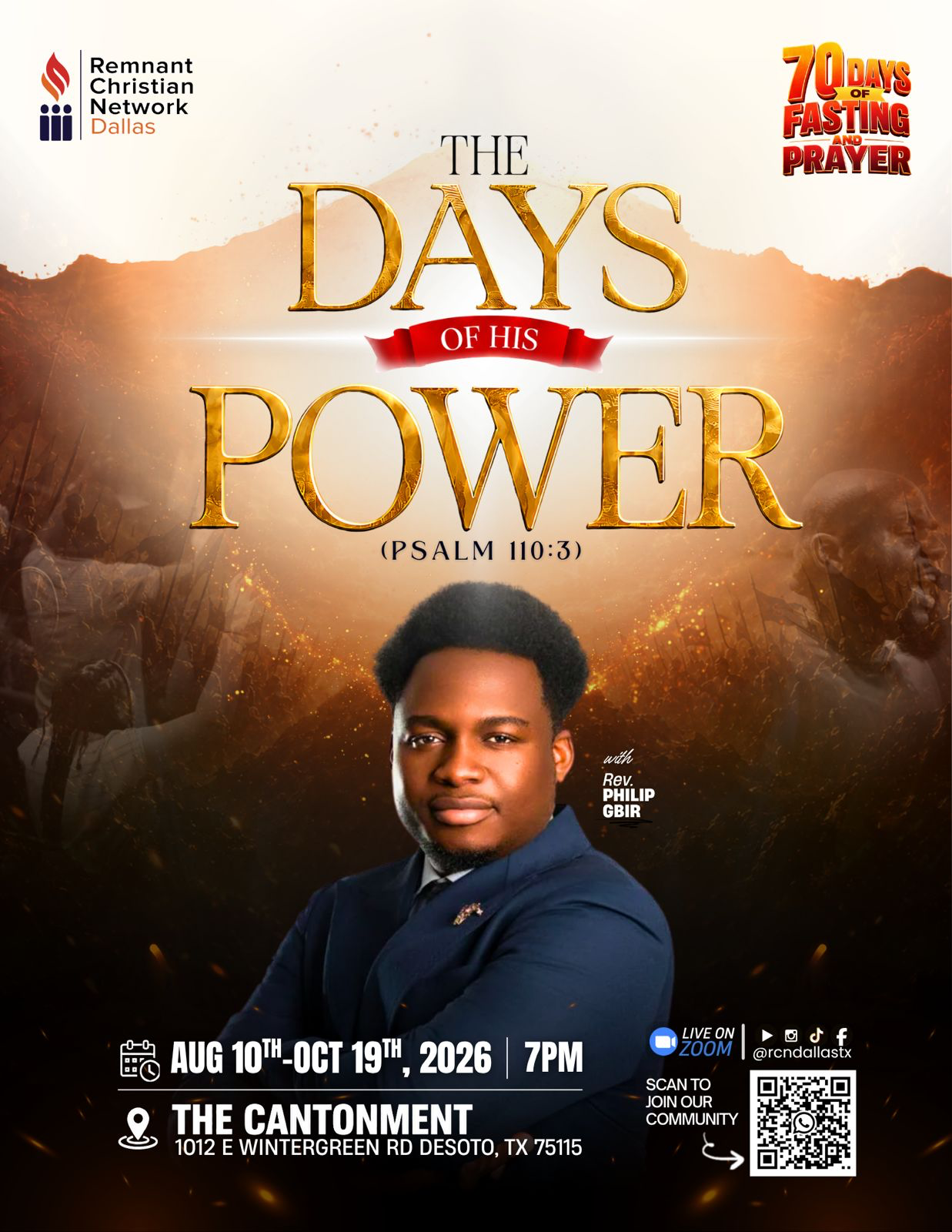 The Days of His Power flyer with Rev. Philip Gbir, August 10 to October 19, 2026 at 7PM