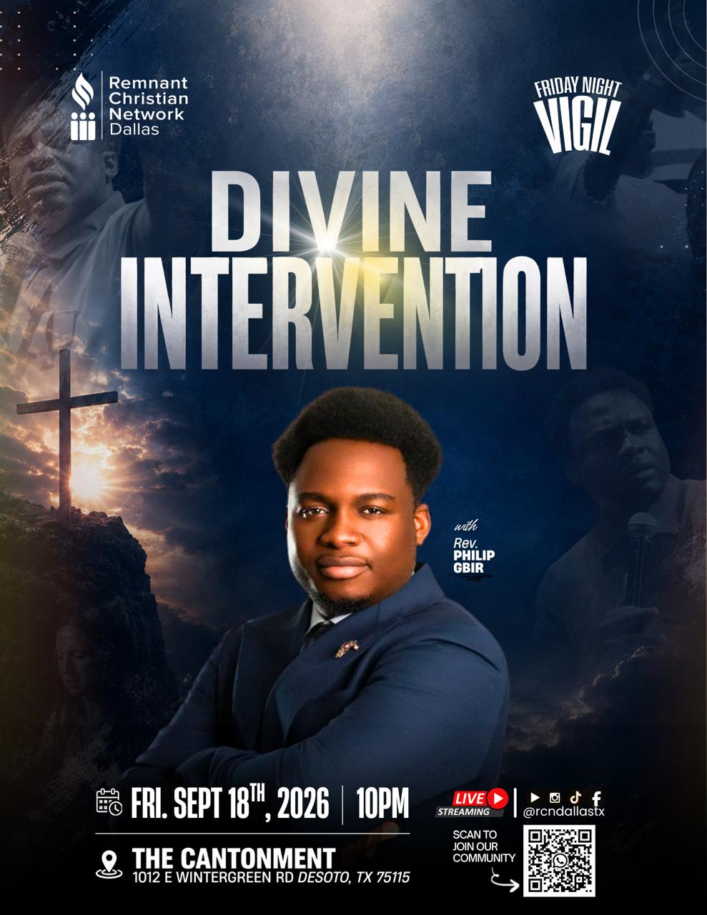 Friday Night Vigil Divine Intervention flyer with Rev. Philip Gbir, Friday September 18, 2026 at 10PM